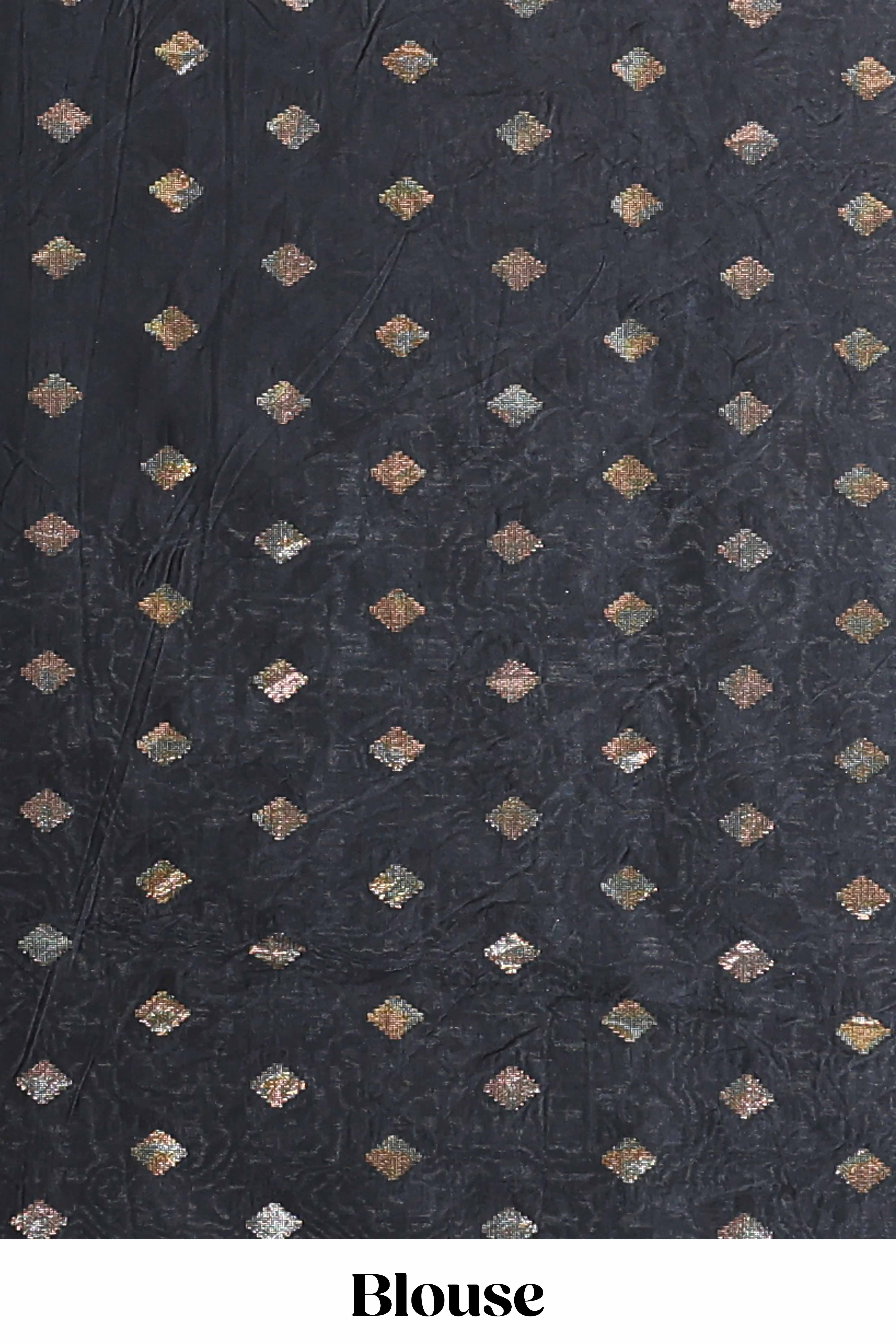 Black zari butta banarasi silk saree with contrast kalamkari style border and matching blouse