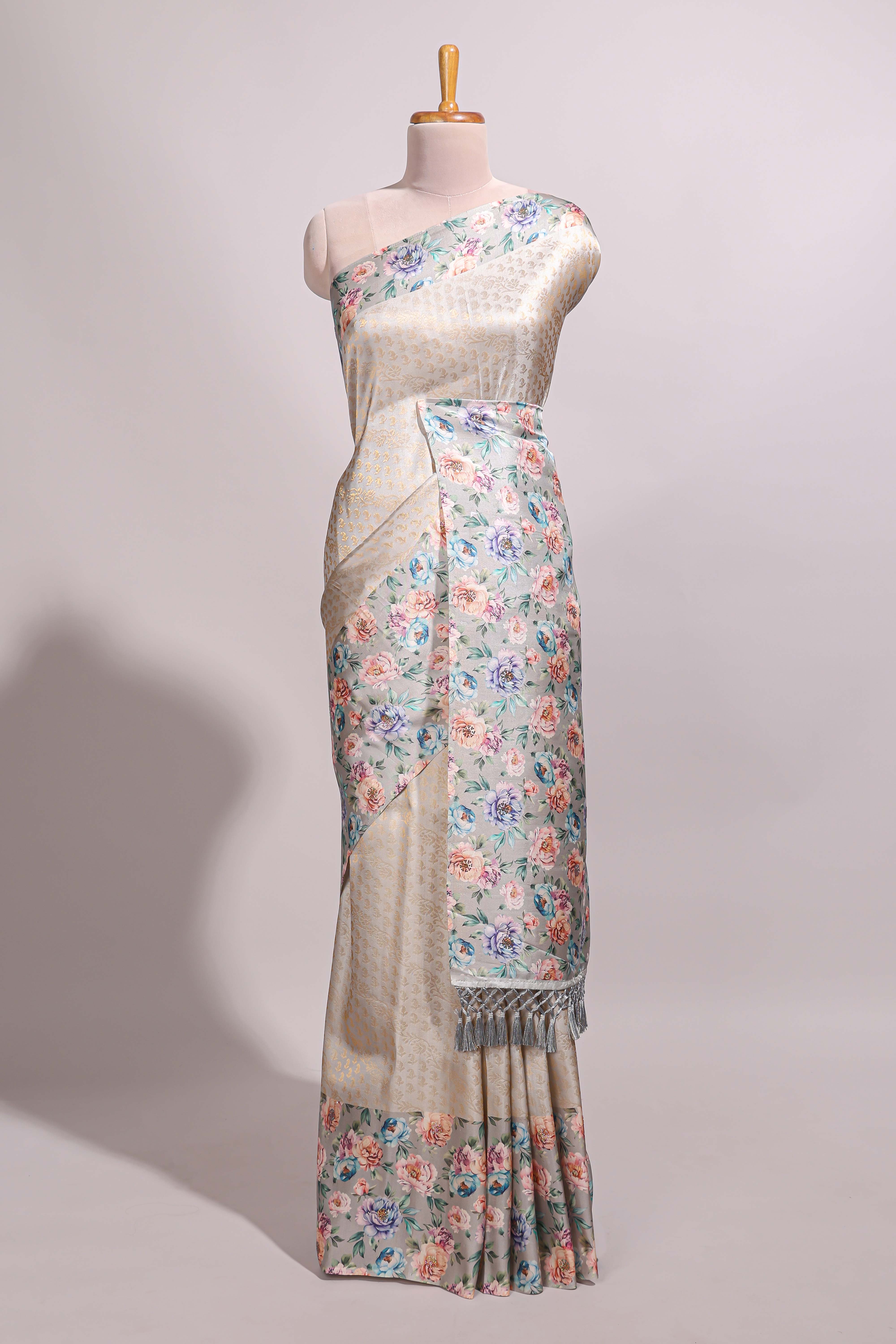 Light grey floral zari motifs banarasi silk saree with contrast border and printed blouse