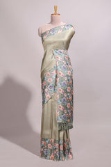 Green floral zari motifs banarasi silk saree with contrast border and printed blouse