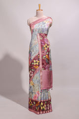Grey floral design motifs banarasi silk saree with contrast border and printed blouse