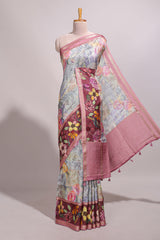 Grey floral design motifs banarasi silk saree with contrast border and printed blouse