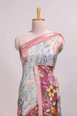 Grey floral design motifs banarasi silk saree with contrast border and printed blouse