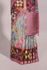 Grey floral design motifs banarasi silk saree with contrast border and printed blouse