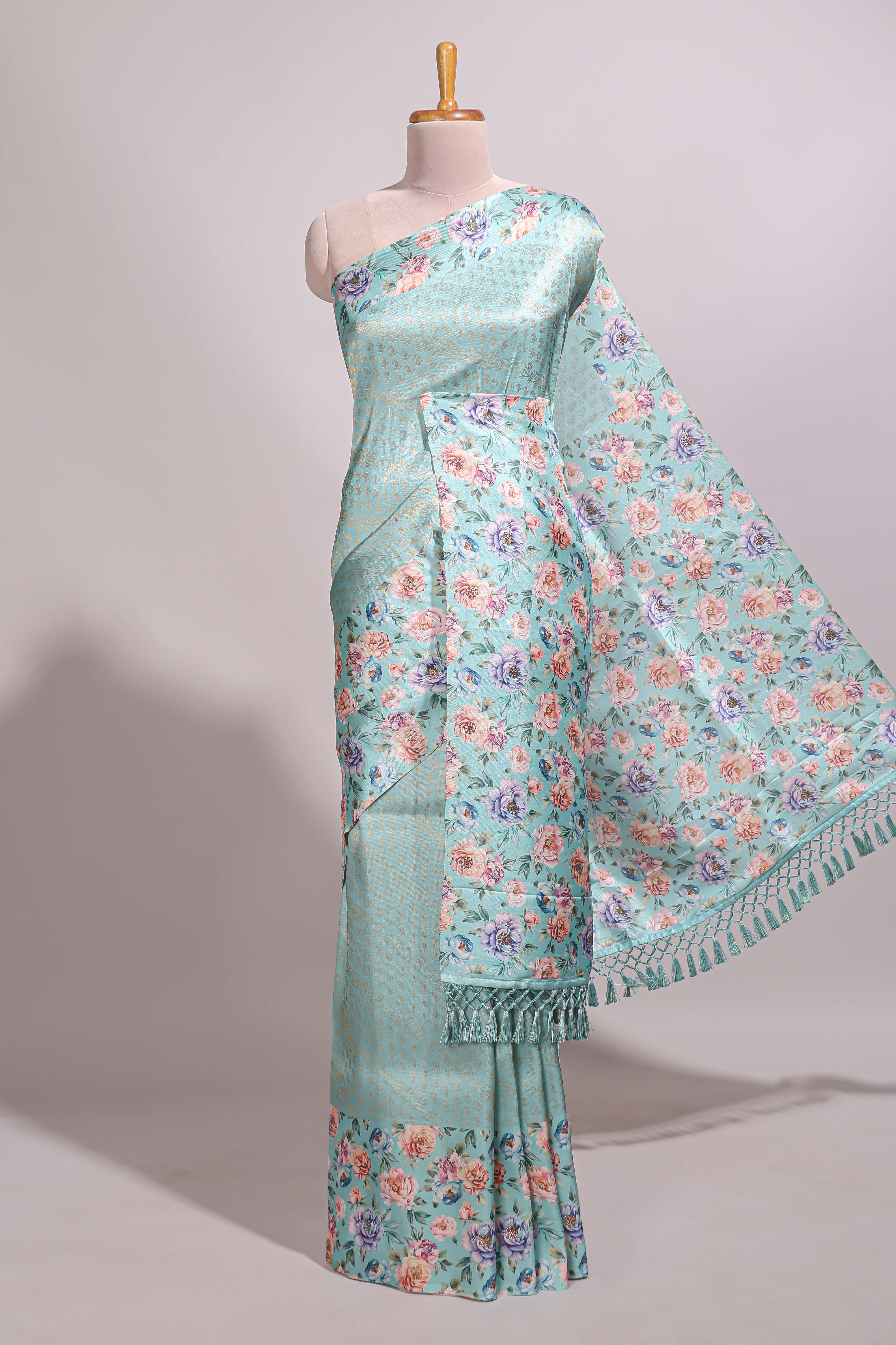 Sea green floral zari motifs banarasi silk saree with contrast border and printed blouse
