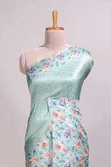 Sea green floral zari motifs banarasi silk saree with contrast border and printed blouse