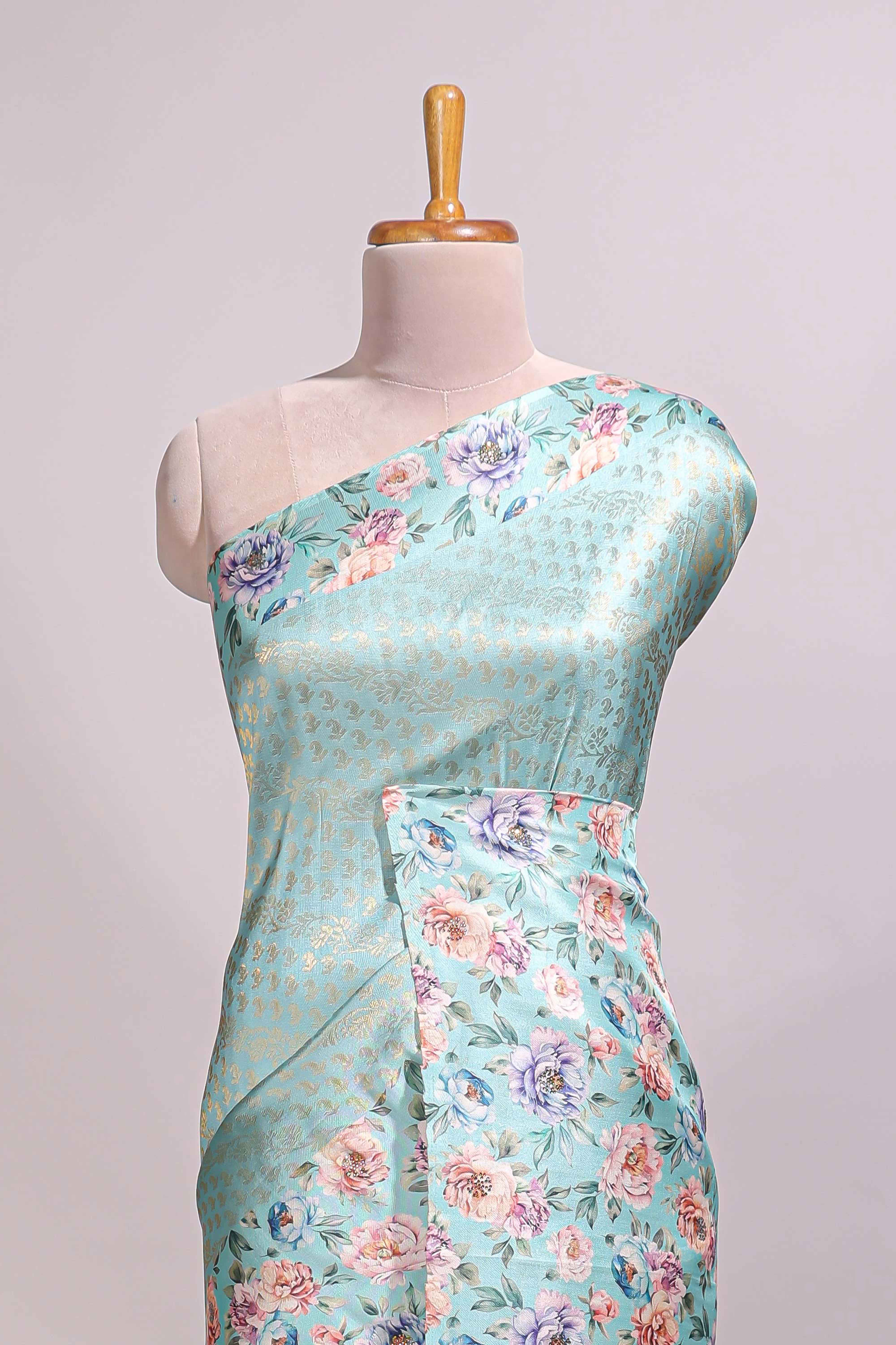 Sea green floral zari motifs banarasi silk saree with contrast border and printed blouse