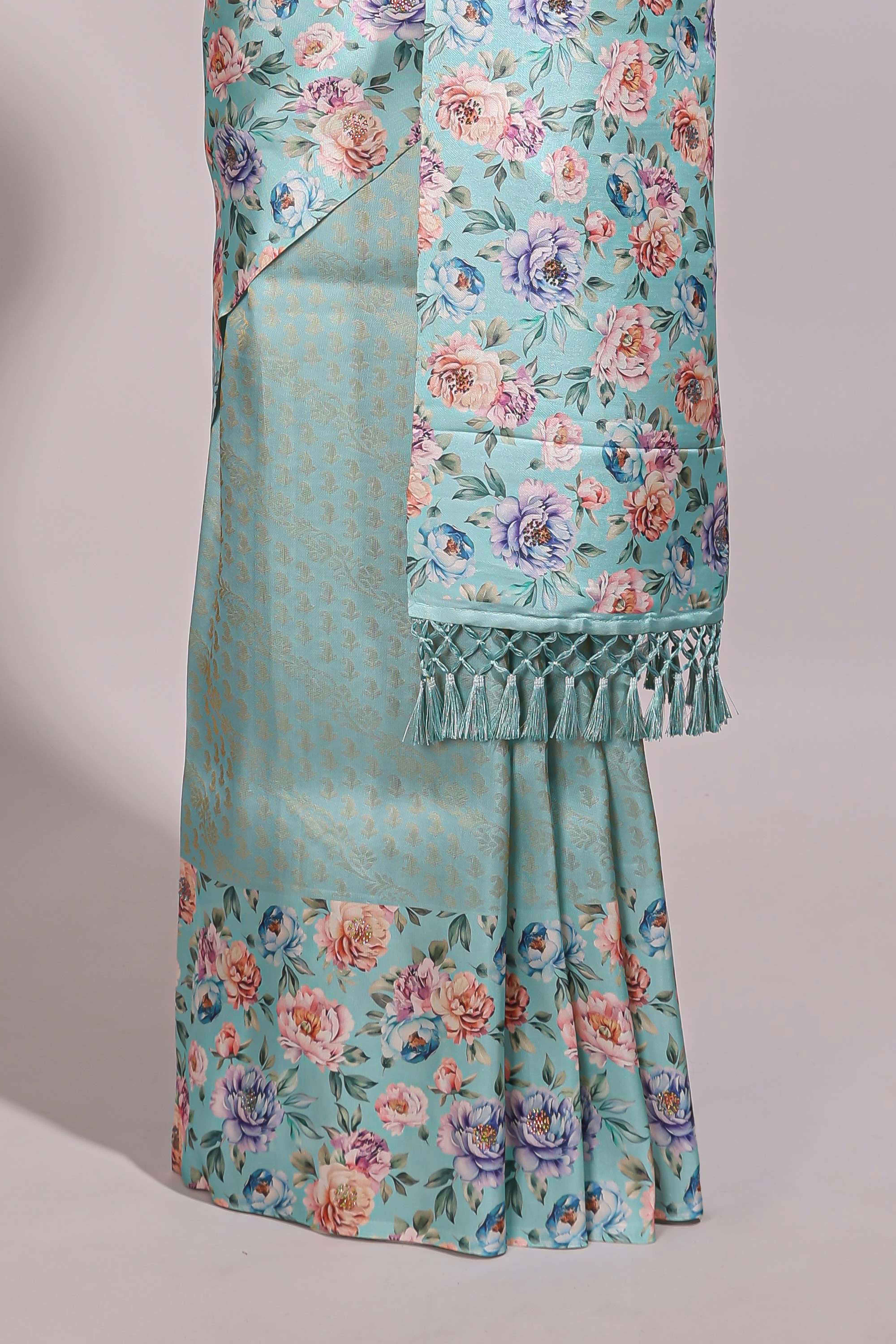 Sea green floral zari motifs banarasi silk saree with contrast border and printed blouse