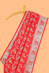 Red floral zari design banarasi silk saree with self border and matching printed blouse