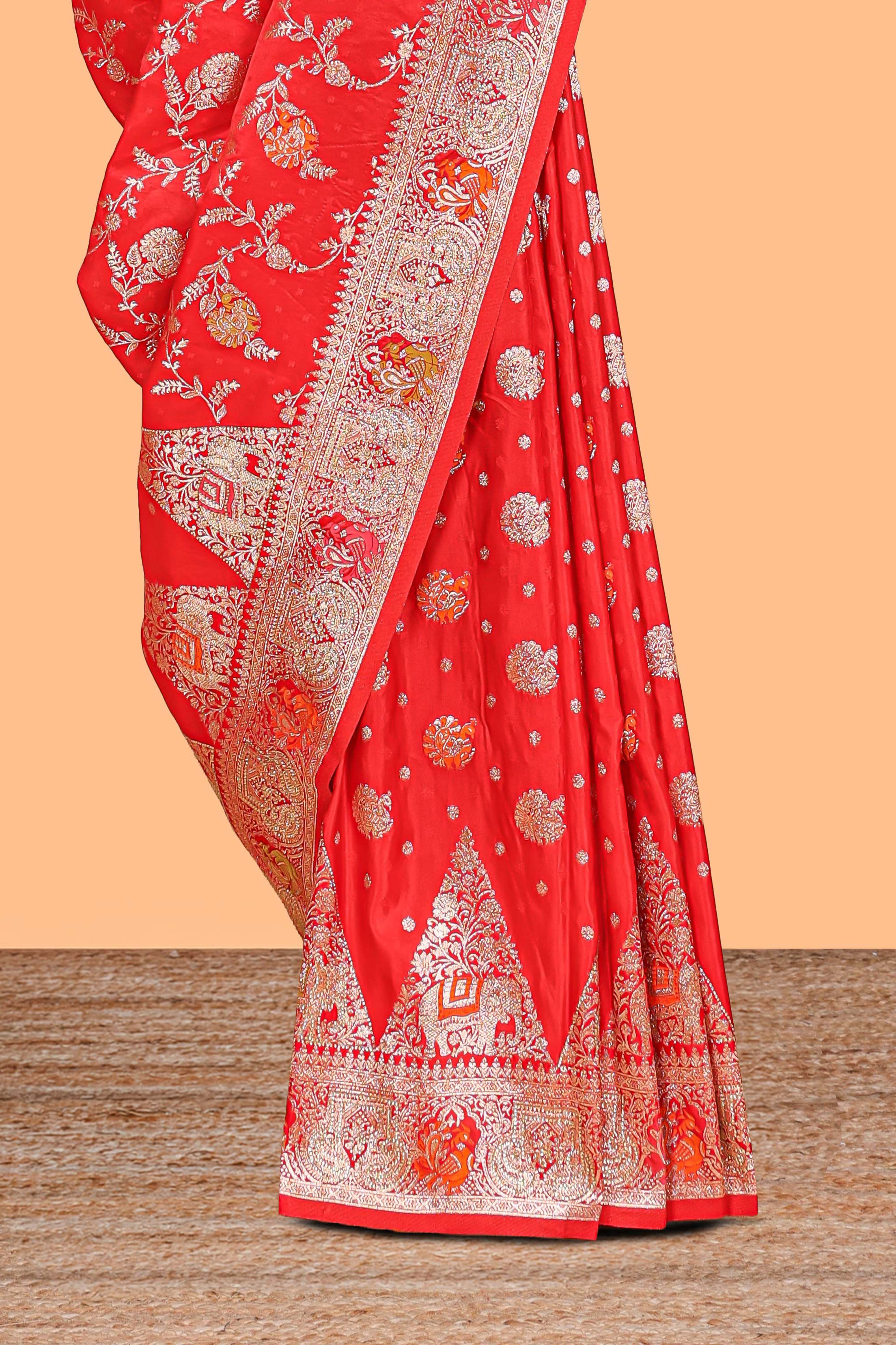 Red floral zari design banarasi silk saree with self border and matching printed blouse