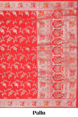 Red floral zari design banarasi silk saree with self border and matching printed blouse