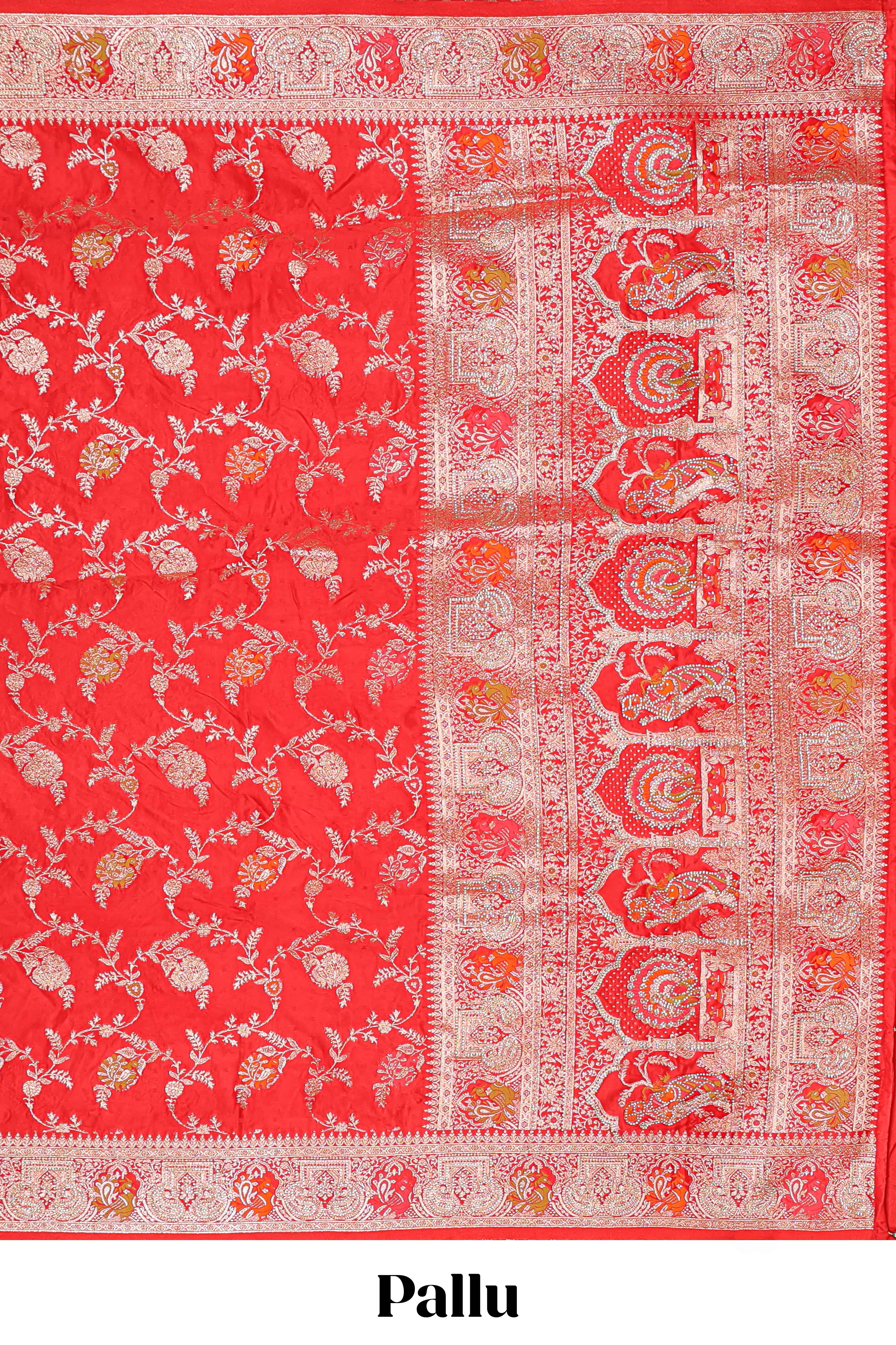 Red floral zari design banarasi silk saree with self border and matching printed blouse