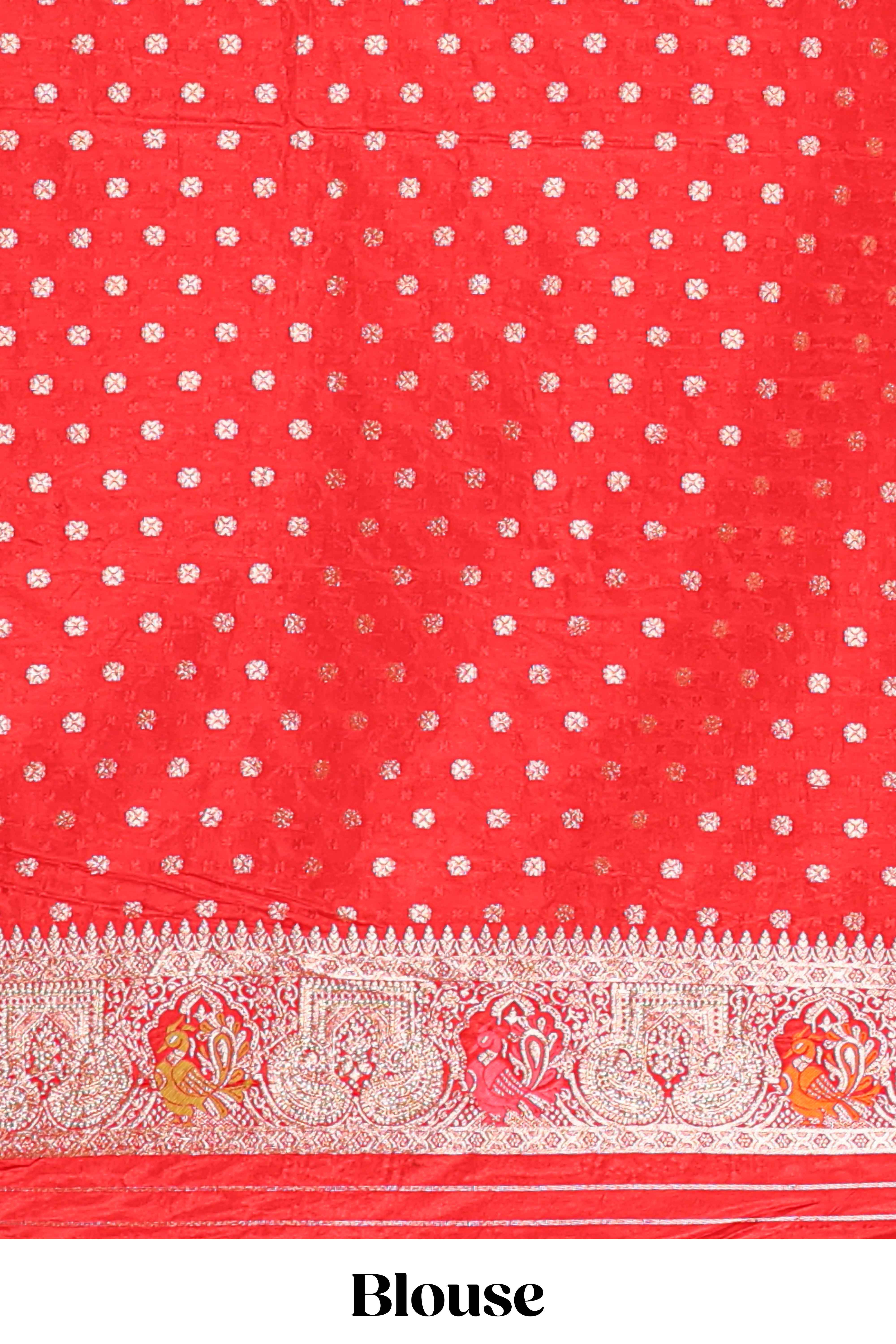 Red floral zari design banarasi silk saree with self border and matching printed blouse