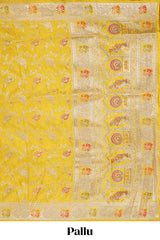 Yellow floral zari design banarasi silk saree with self border and matching printed blouse