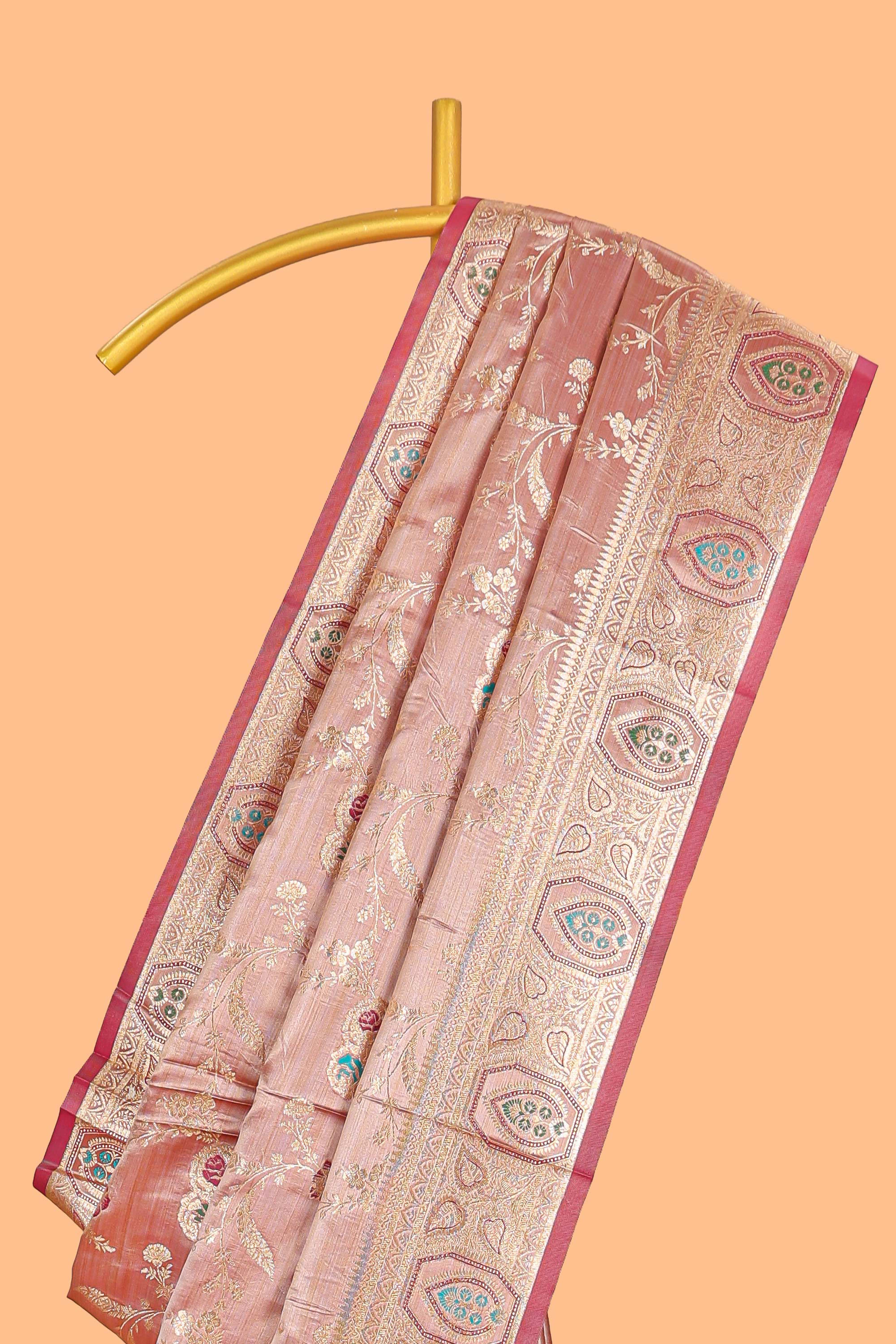 Peach floral zari design banarasi silk saree with self border and matching printed blouse