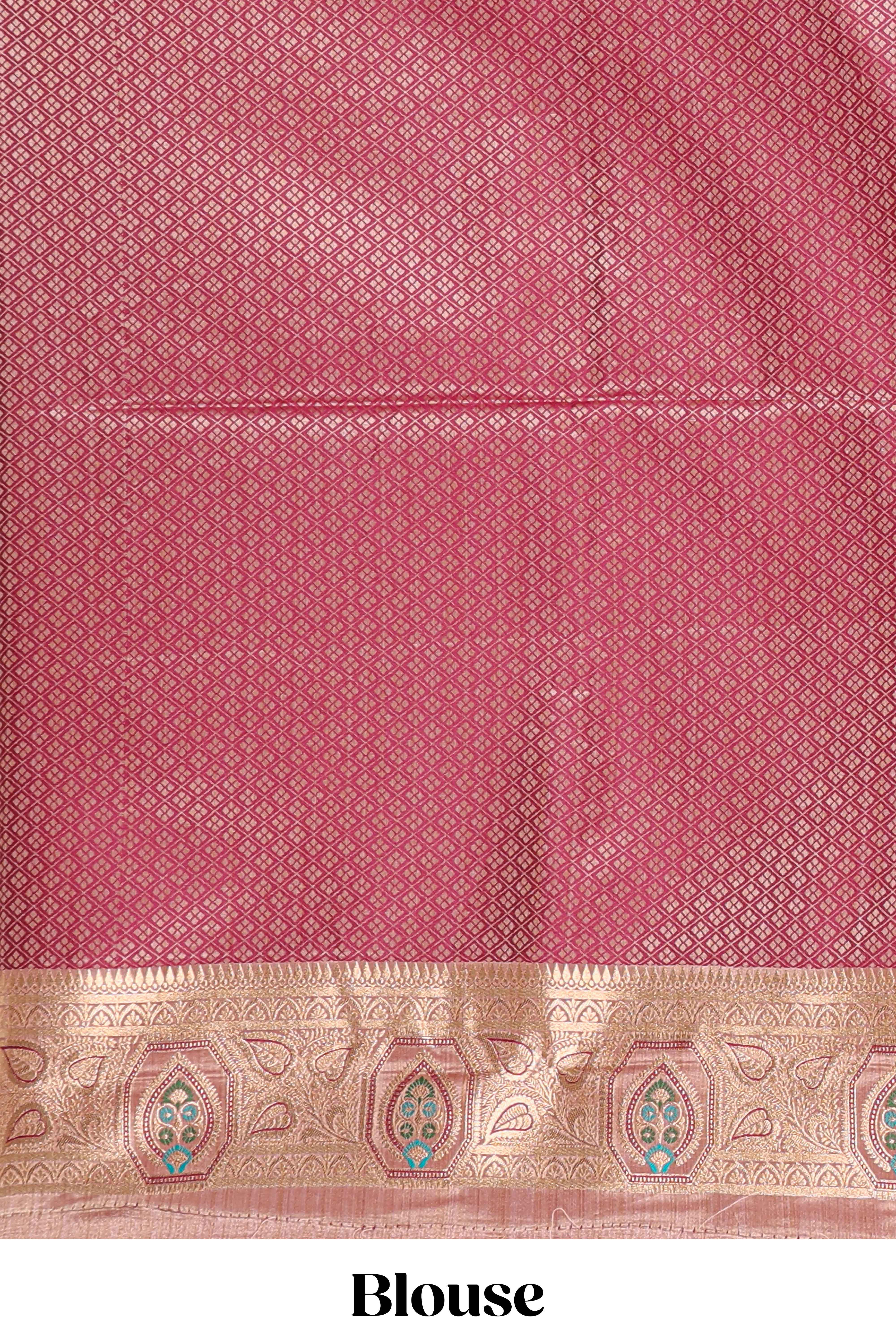 Peach floral zari design banarasi silk saree with self border and matching printed blouse