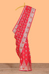 Red floral zari design banarasi silk saree with self border and matching printed blouse