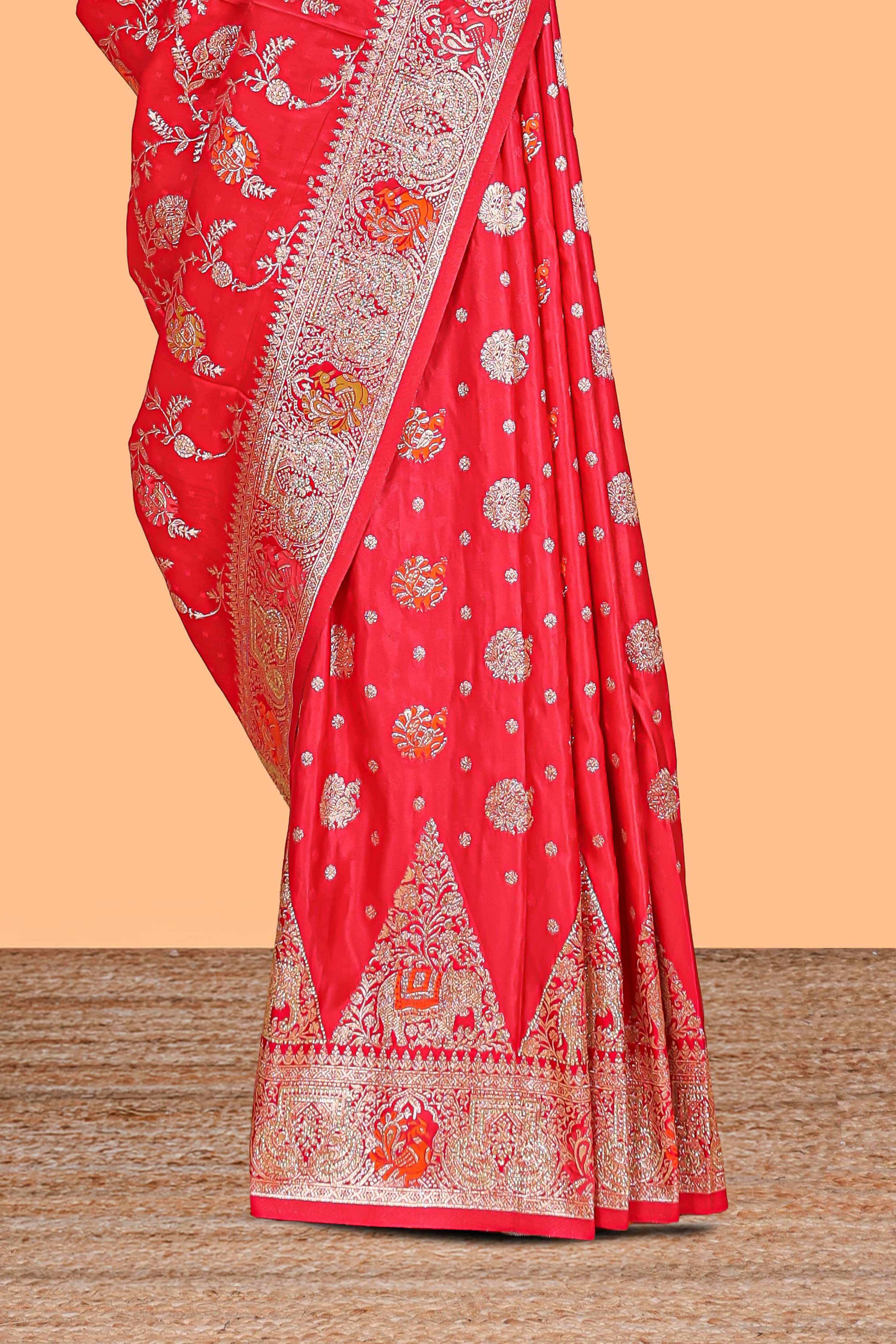 Red floral zari design banarasi silk saree with self border and matching printed blouse
