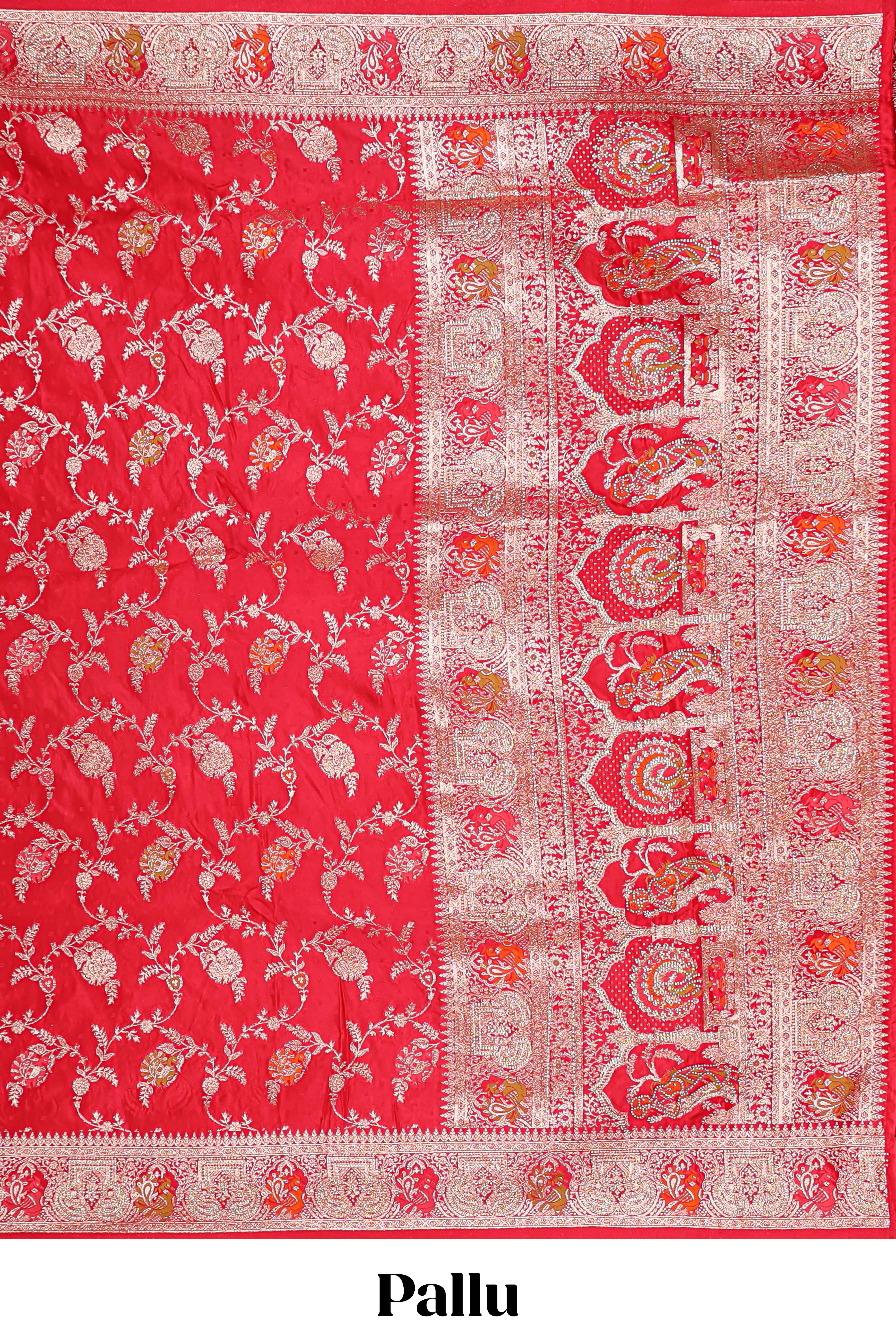 Red floral zari design banarasi silk saree with self border and matching printed blouse