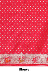 Red floral zari design banarasi silk saree with self border and matching printed blouse