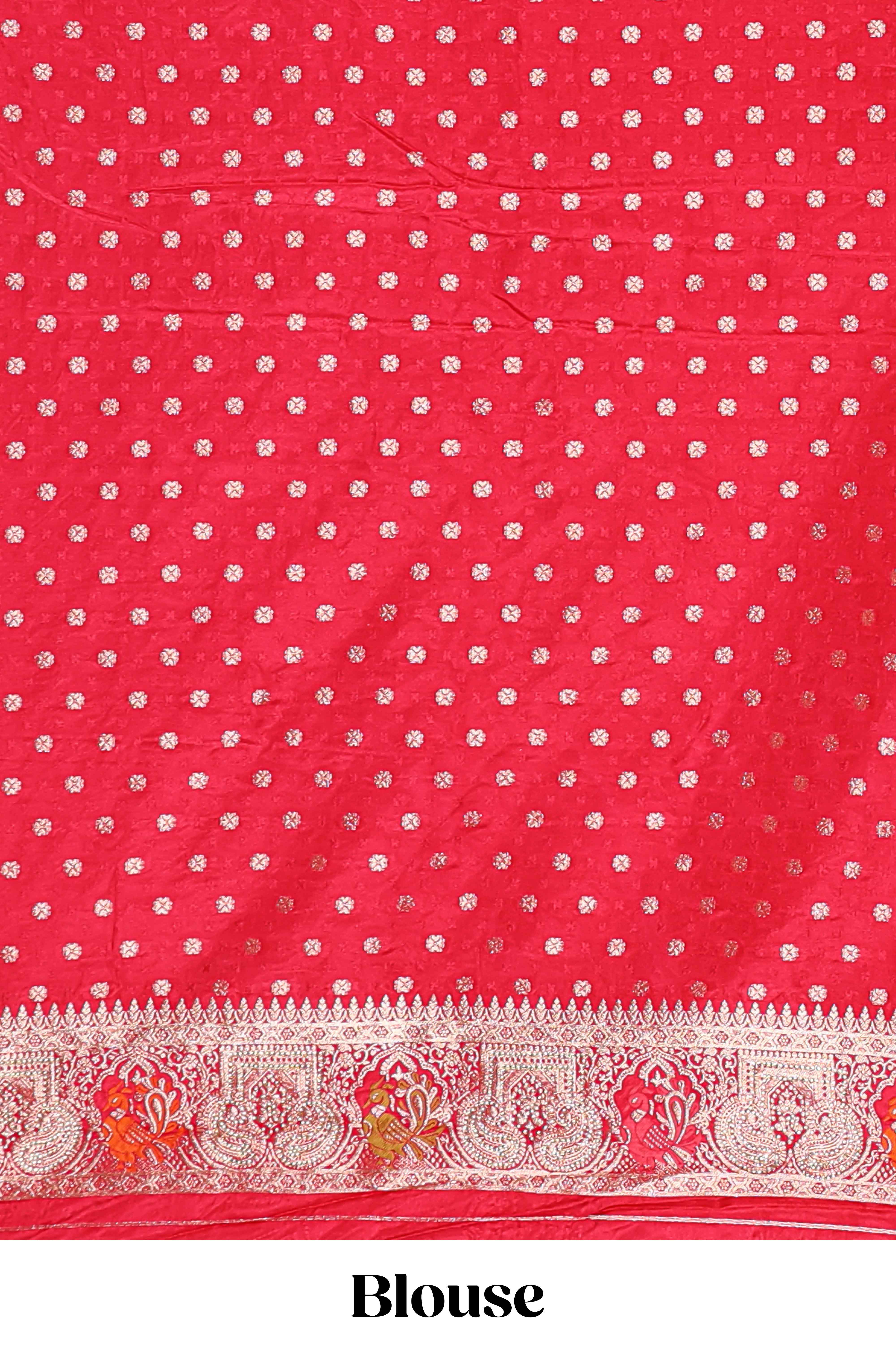 Red floral zari design banarasi silk saree with self border and matching printed blouse