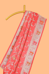Peach floral zari design banarasi silk saree with self border and matching printed blouse
