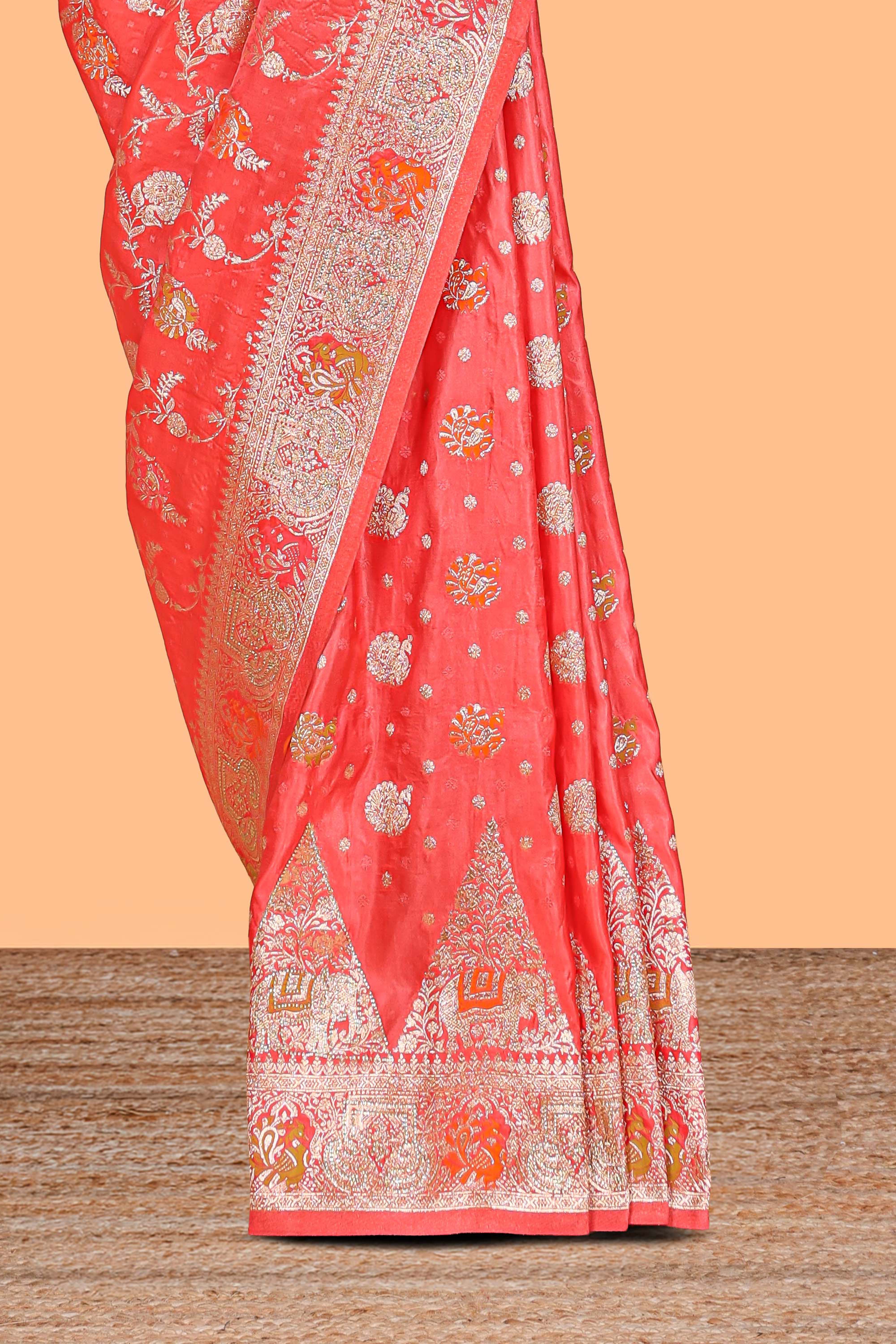 Peach floral zari design banarasi silk saree with self border and matching printed blouse