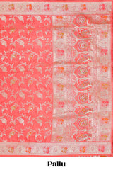 Peach floral zari design banarasi silk saree with self border and matching printed blouse