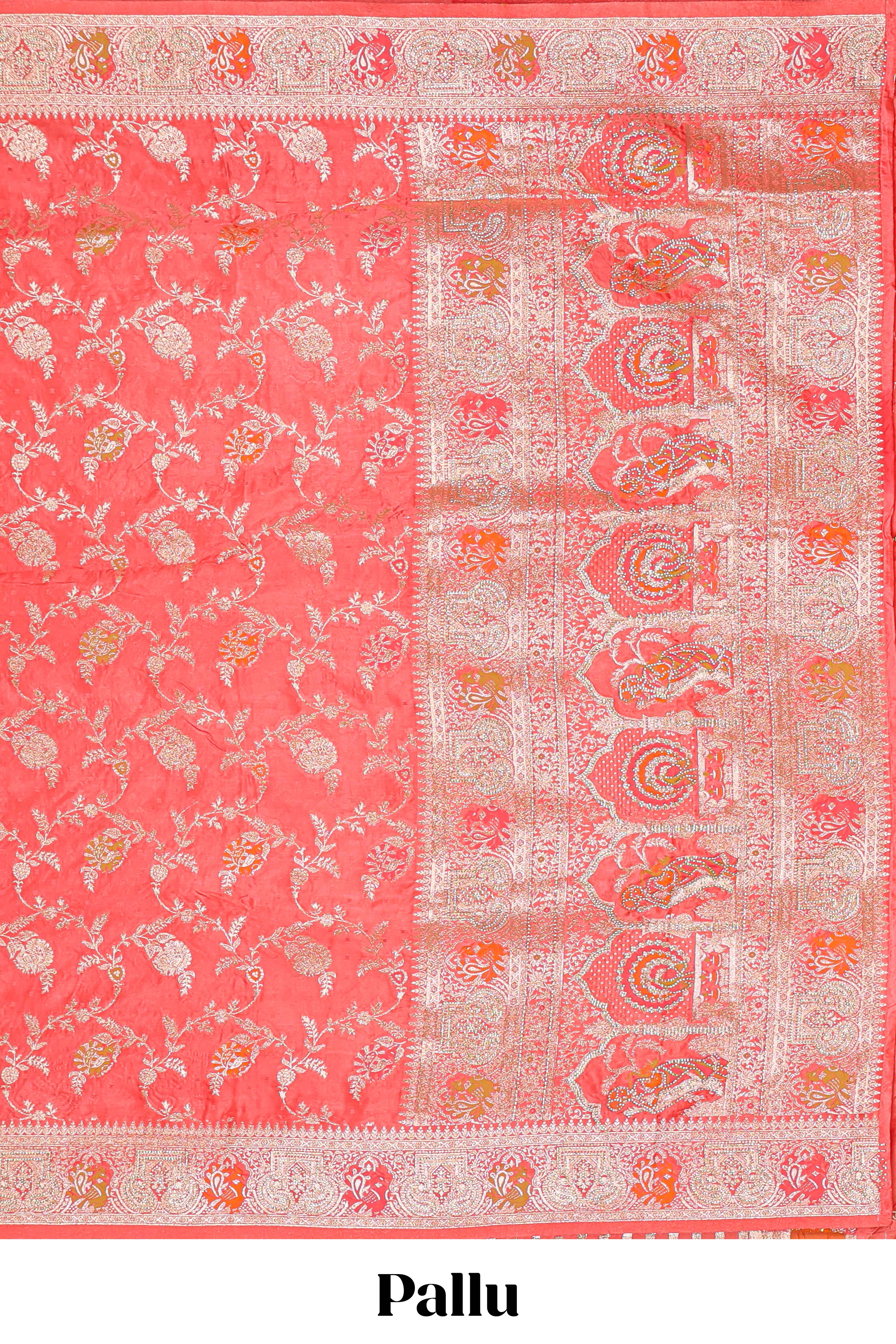 Peach floral zari design banarasi silk saree with self border and matching printed blouse