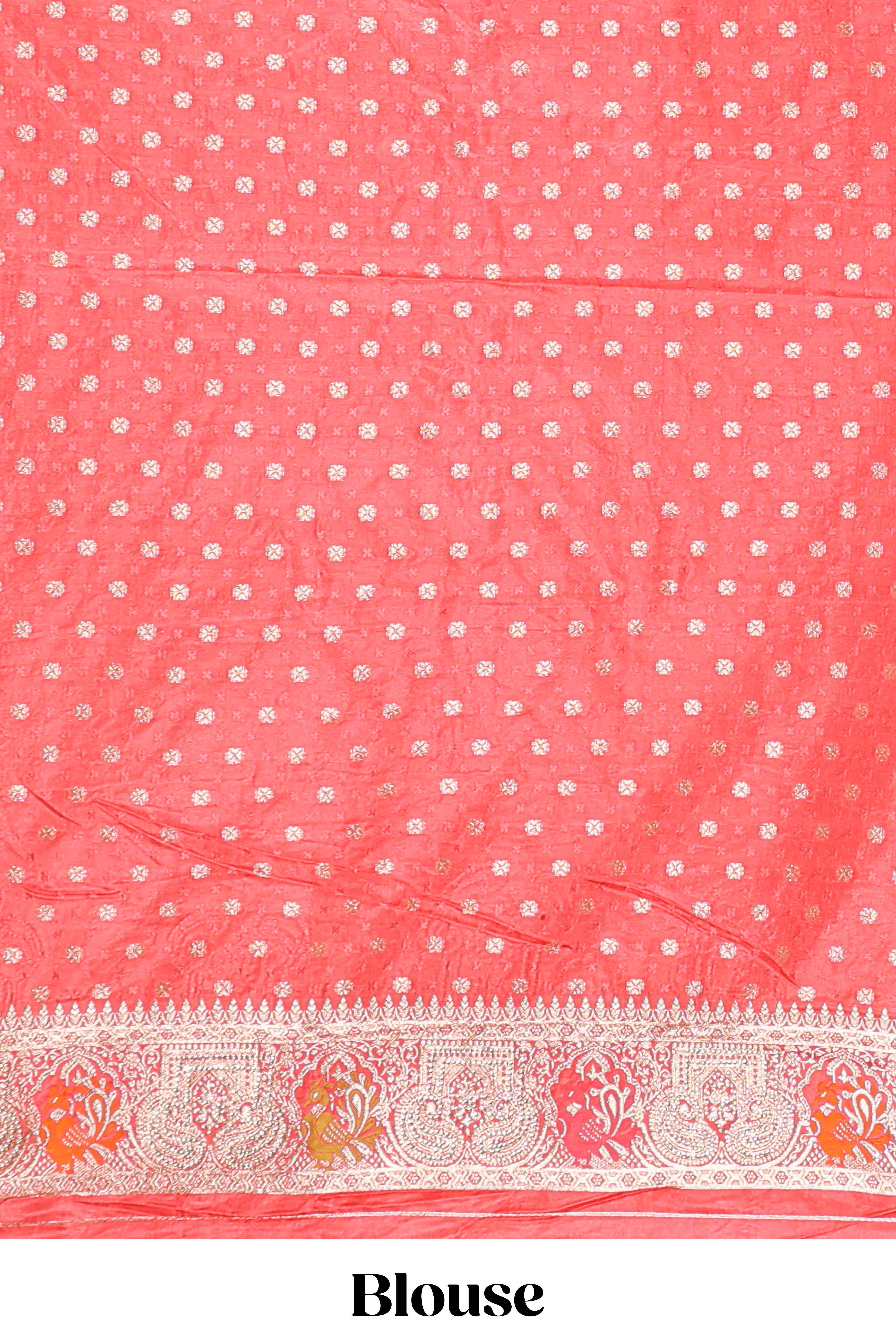 Peach floral zari design banarasi silk saree with self border and matching printed blouse