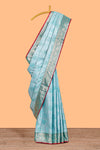 Blue floral zari design banarasi silk saree with self border and matching printed blouse