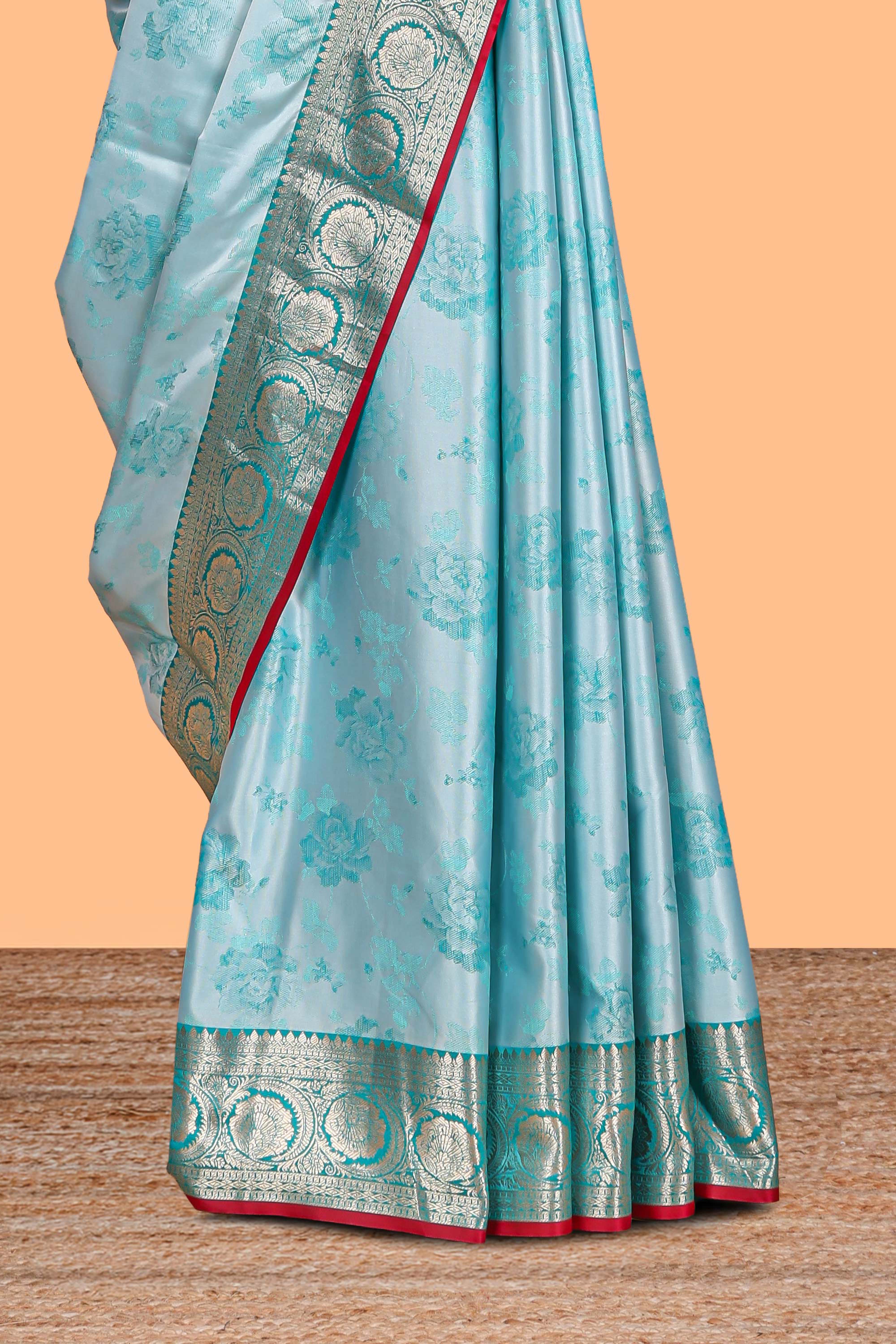 Blue floral zari design banarasi silk saree with self border and matching printed blouse