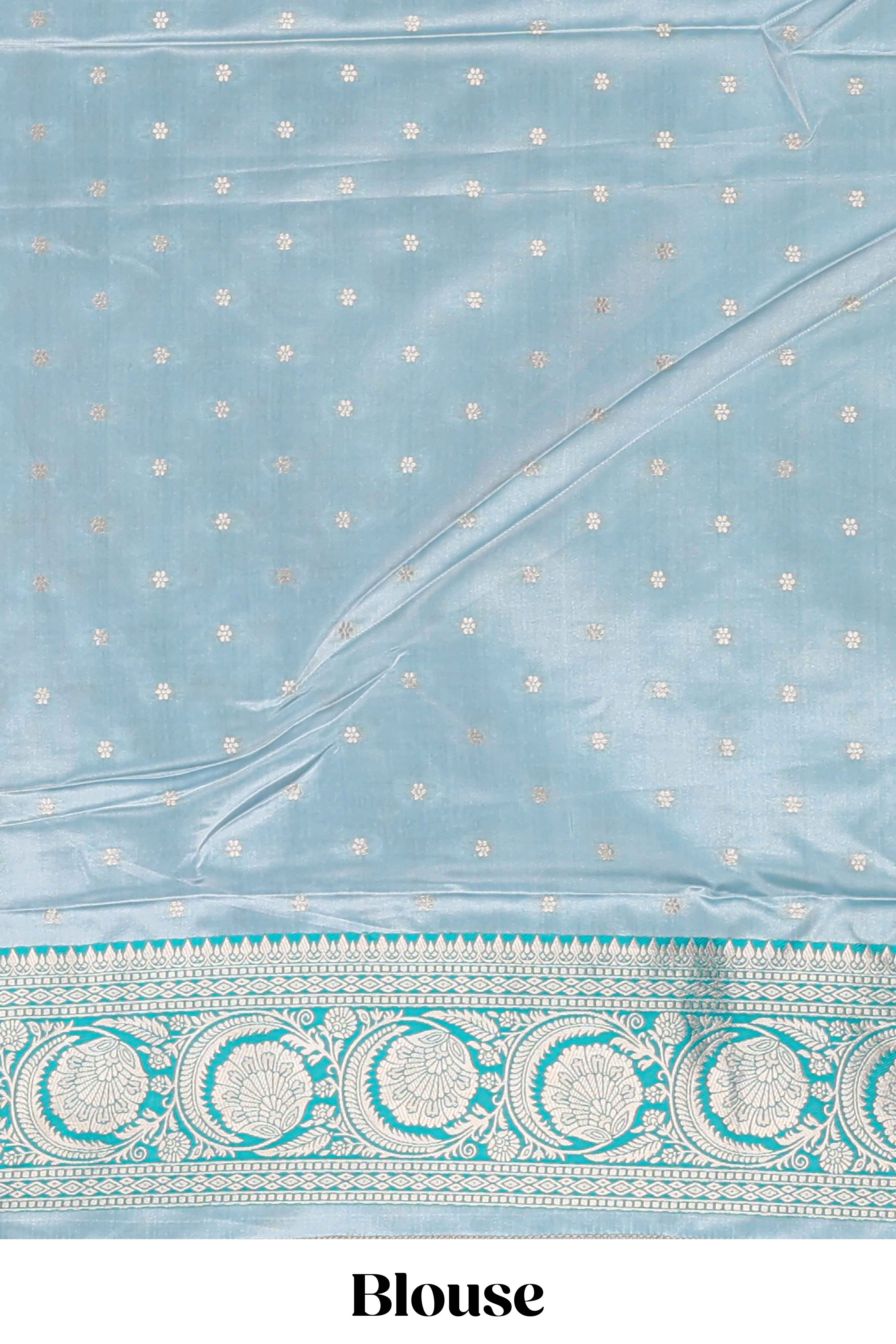 Blue floral zari design banarasi silk saree with self border and matching printed blouse