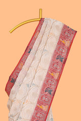 Cream floral design banarasi silk saree with contrast border and floral printed blouse