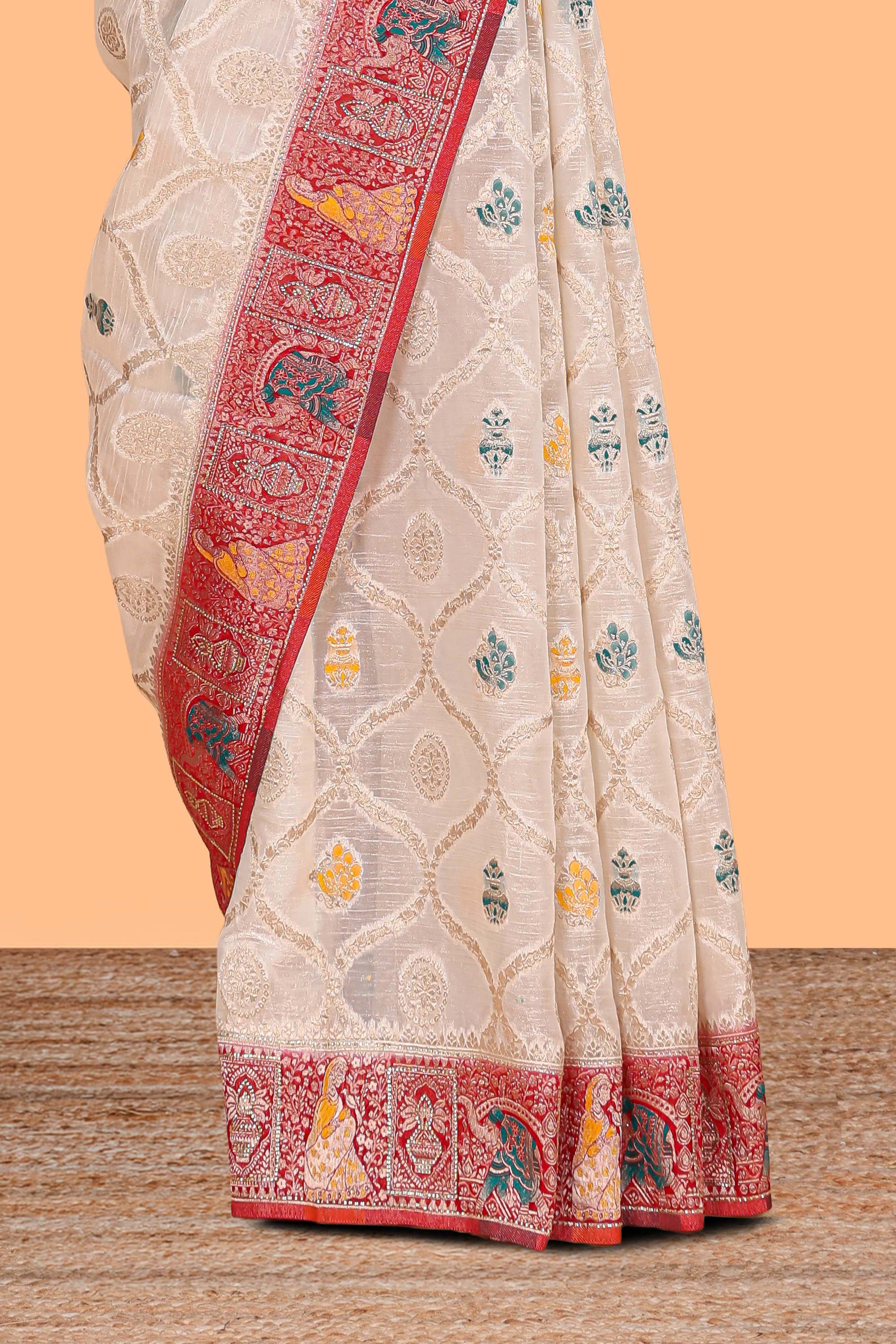 Cream floral design banarasi silk saree with contrast border and floral printed blouse