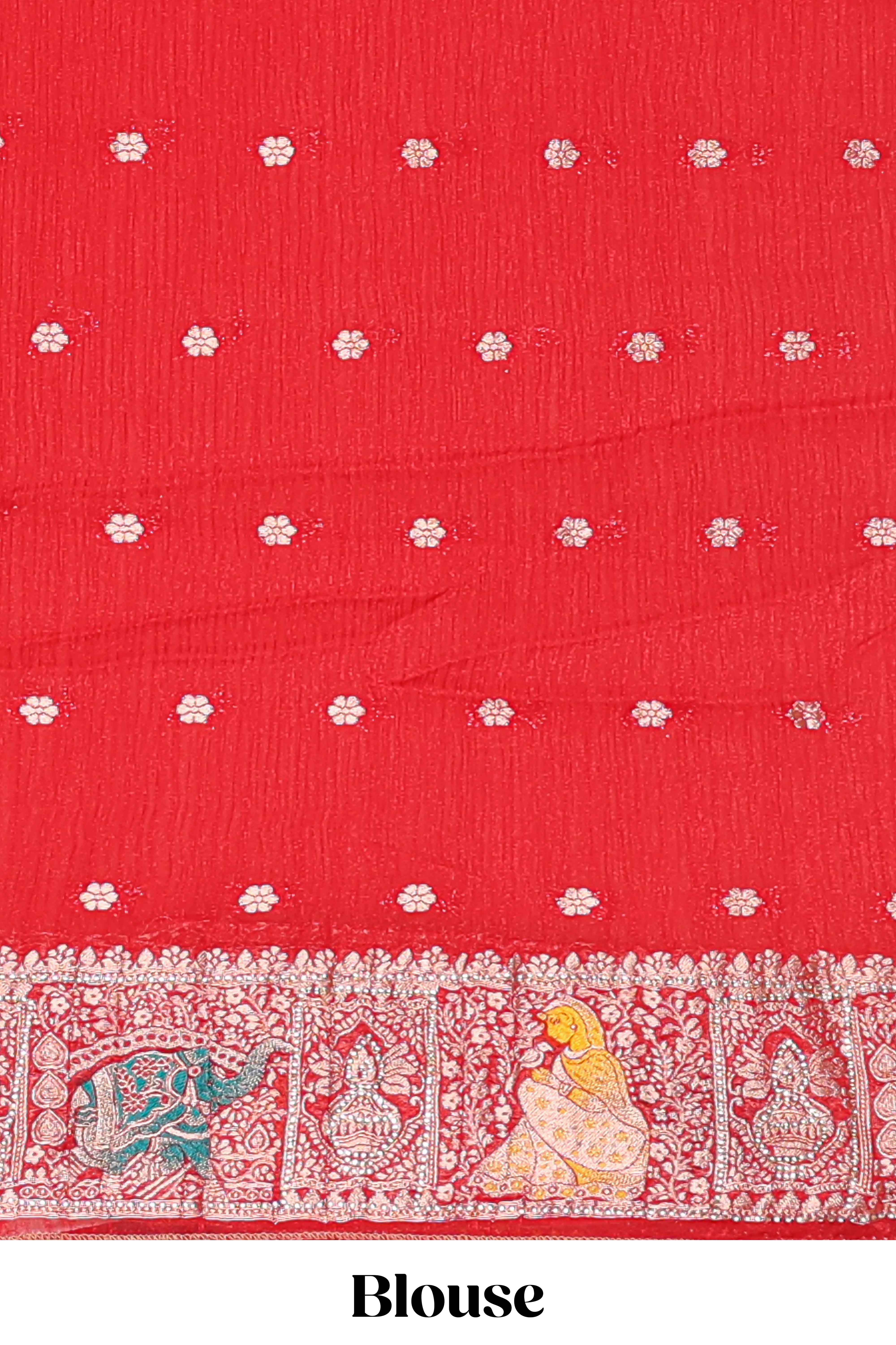 Cream floral design banarasi silk saree with contrast border and floral printed blouse