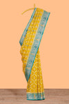 Yellow floral design banarasi silk saree with contrast border and floral printed blouse