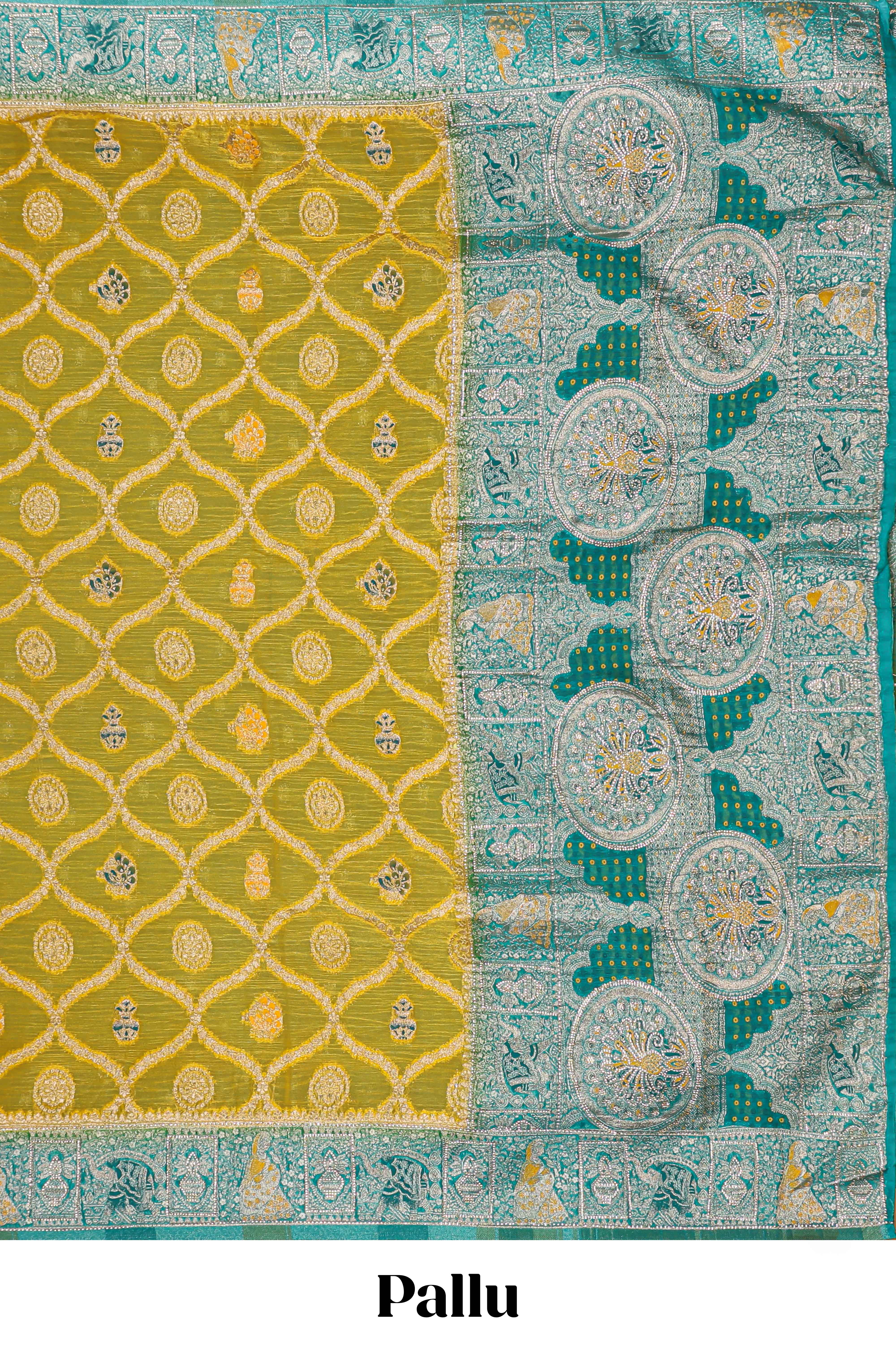Yellow floral design banarasi silk saree with contrast border and floral printed blouse
