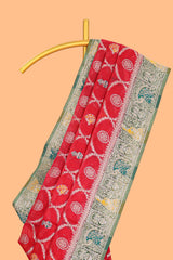 Red floral design banarasi silk saree with contrast border and floral printed blouse