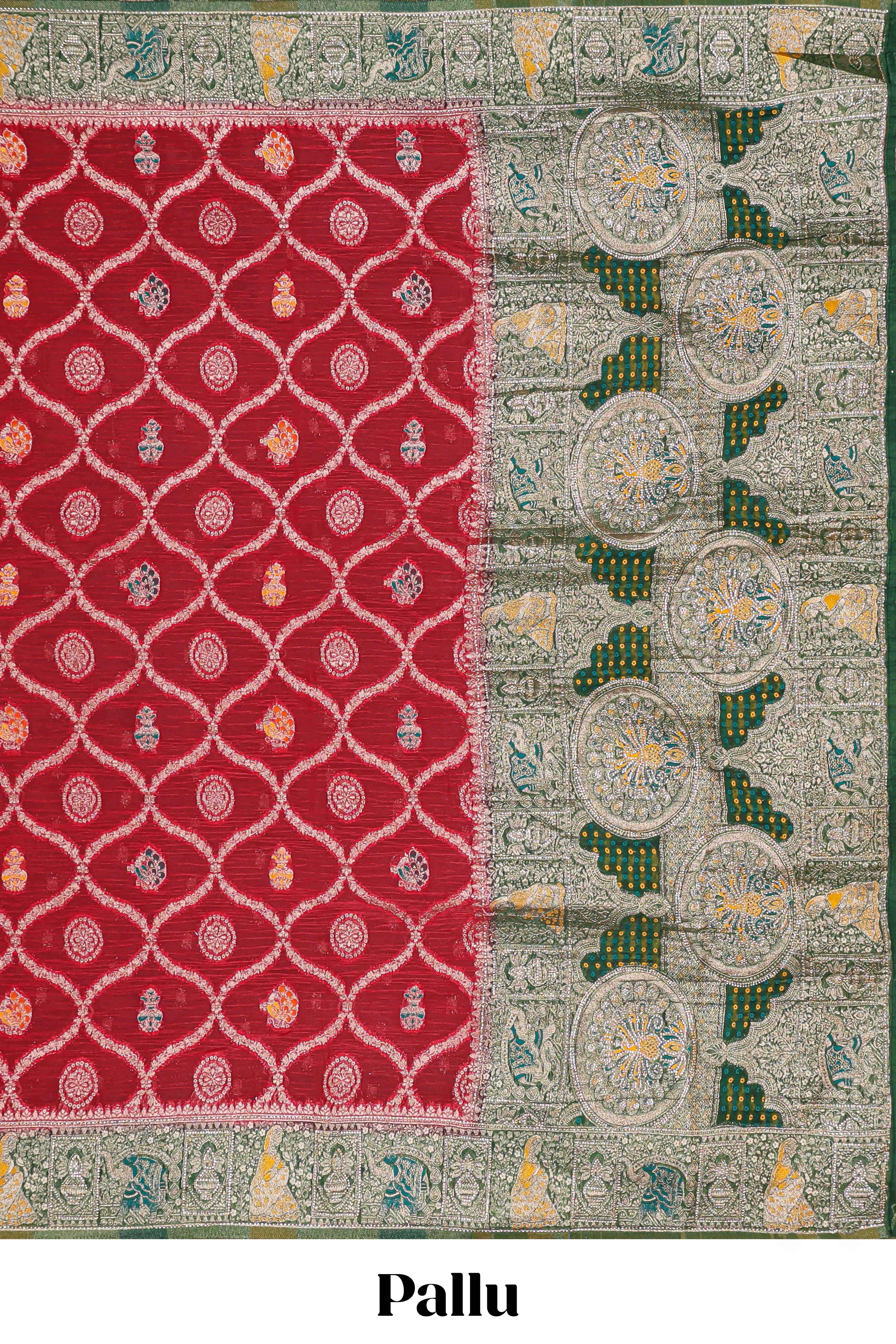 Red floral design banarasi silk saree with contrast border and floral printed blouse