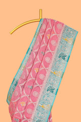 Pink floral design banarasi silk saree with contrast border and floral printed blouse