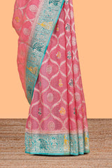 Pink floral design banarasi silk saree with contrast border and floral printed blouse
