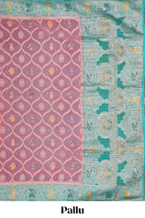 Pink floral design banarasi silk saree with contrast border and floral printed blouse