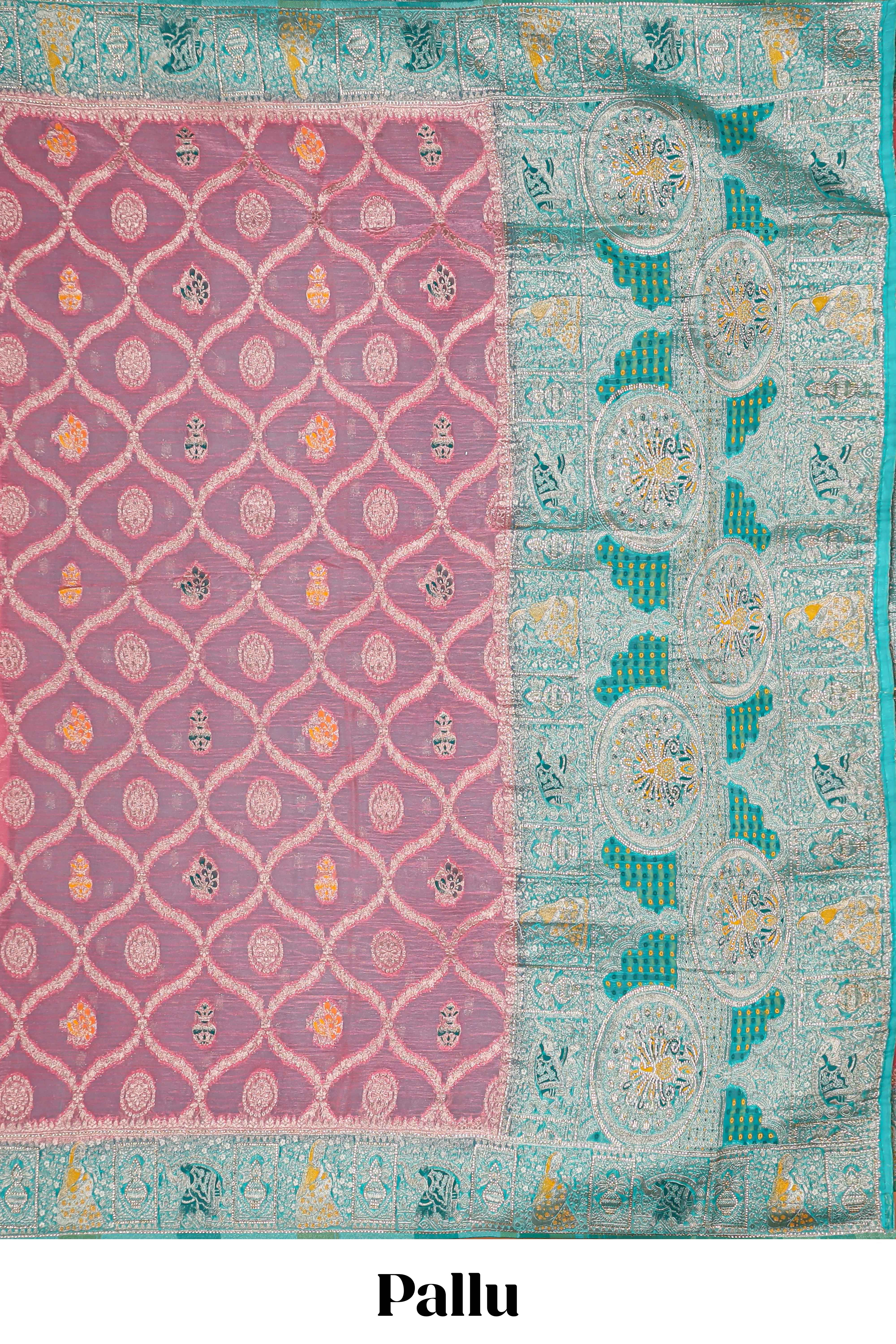 Pink floral design banarasi silk saree with contrast border and floral printed blouse