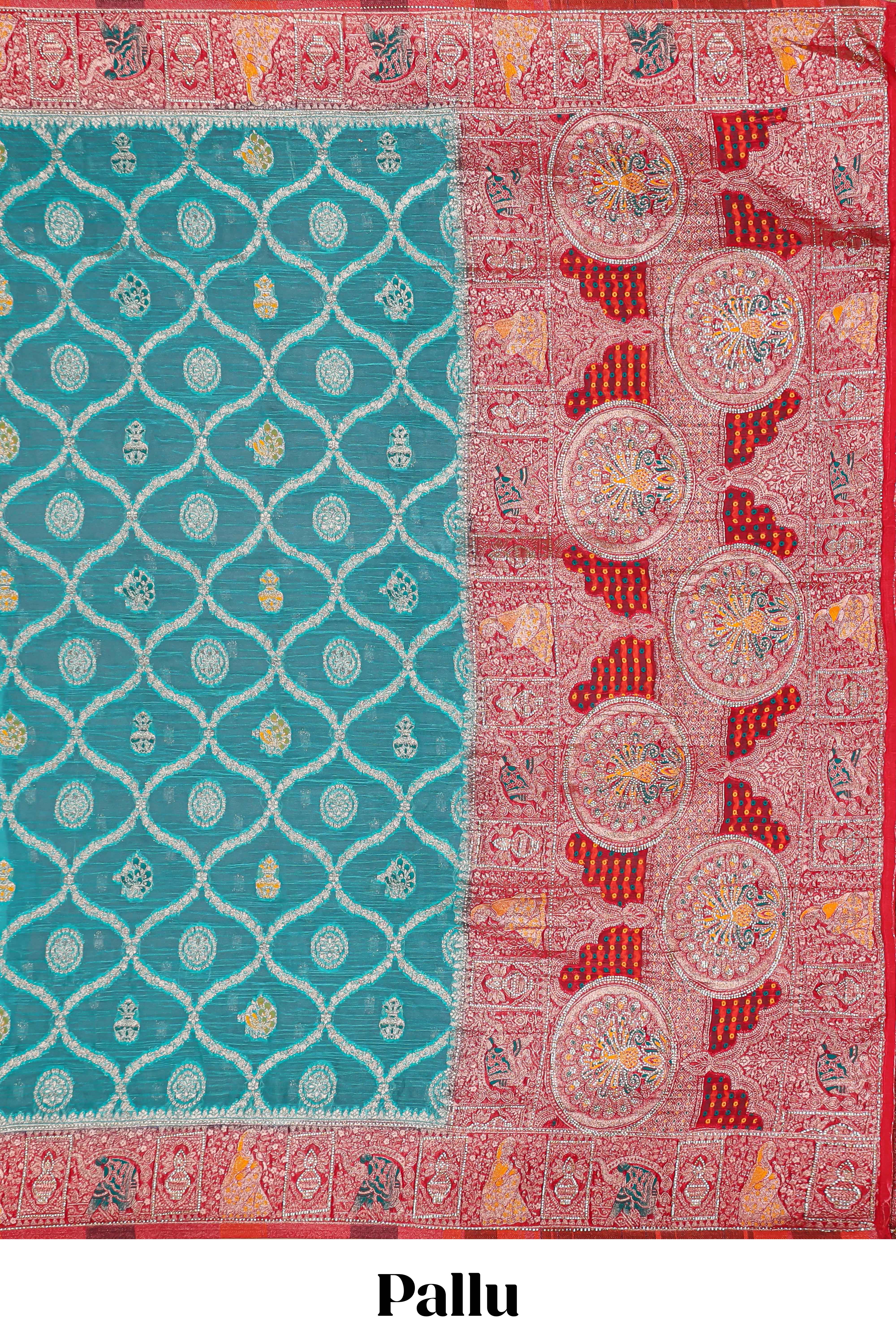 Turquoise blue floral design banarasi silk saree with contrast border and floral printed blouse