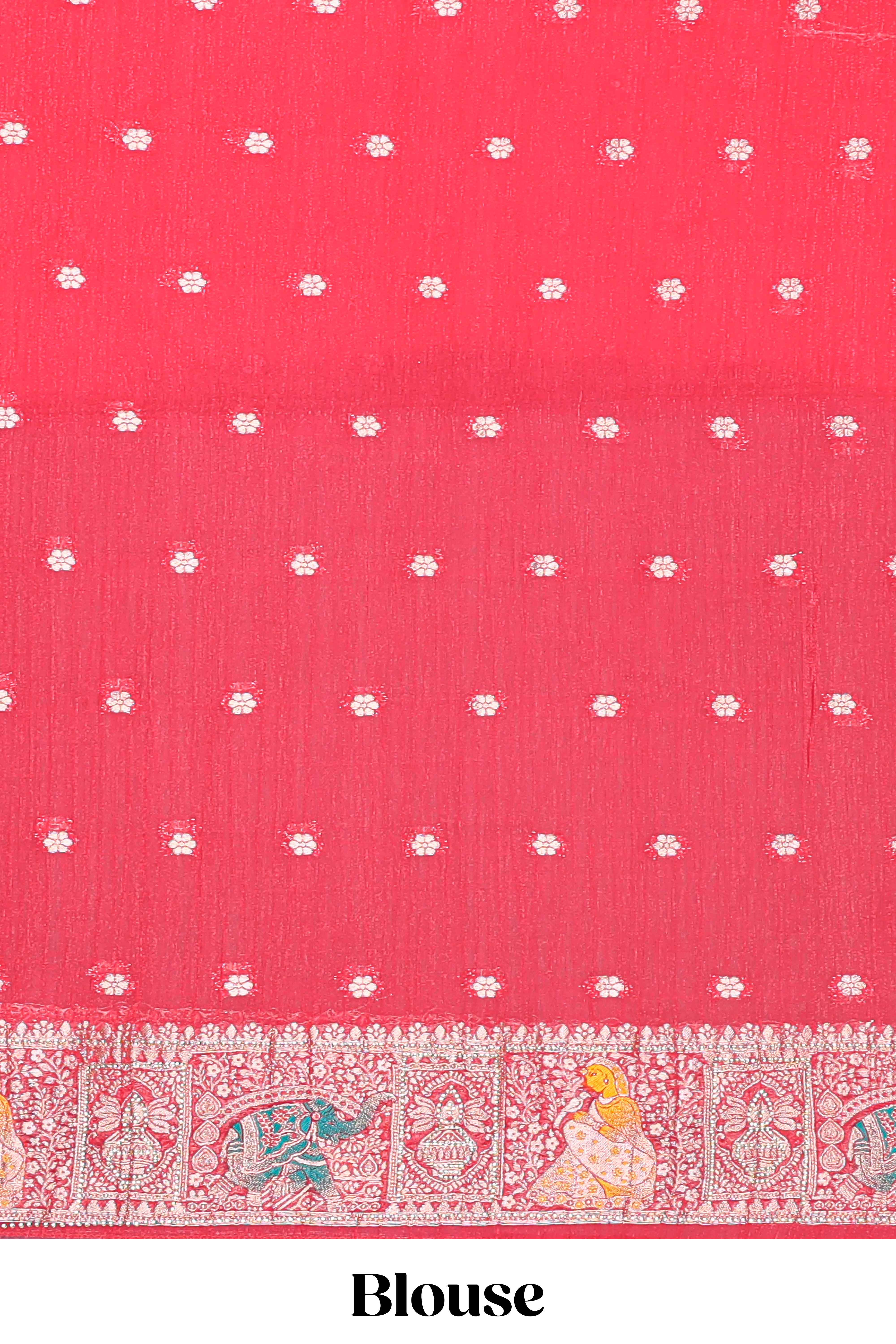 Turquoise blue floral design banarasi silk saree with contrast border and floral printed blouse