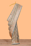 Turquoise blue floral design motifs banarasi silk saree with contrast border and floral printed blouse