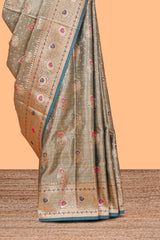 Turquoise blue floral design motifs banarasi silk saree with contrast border and floral printed blouse