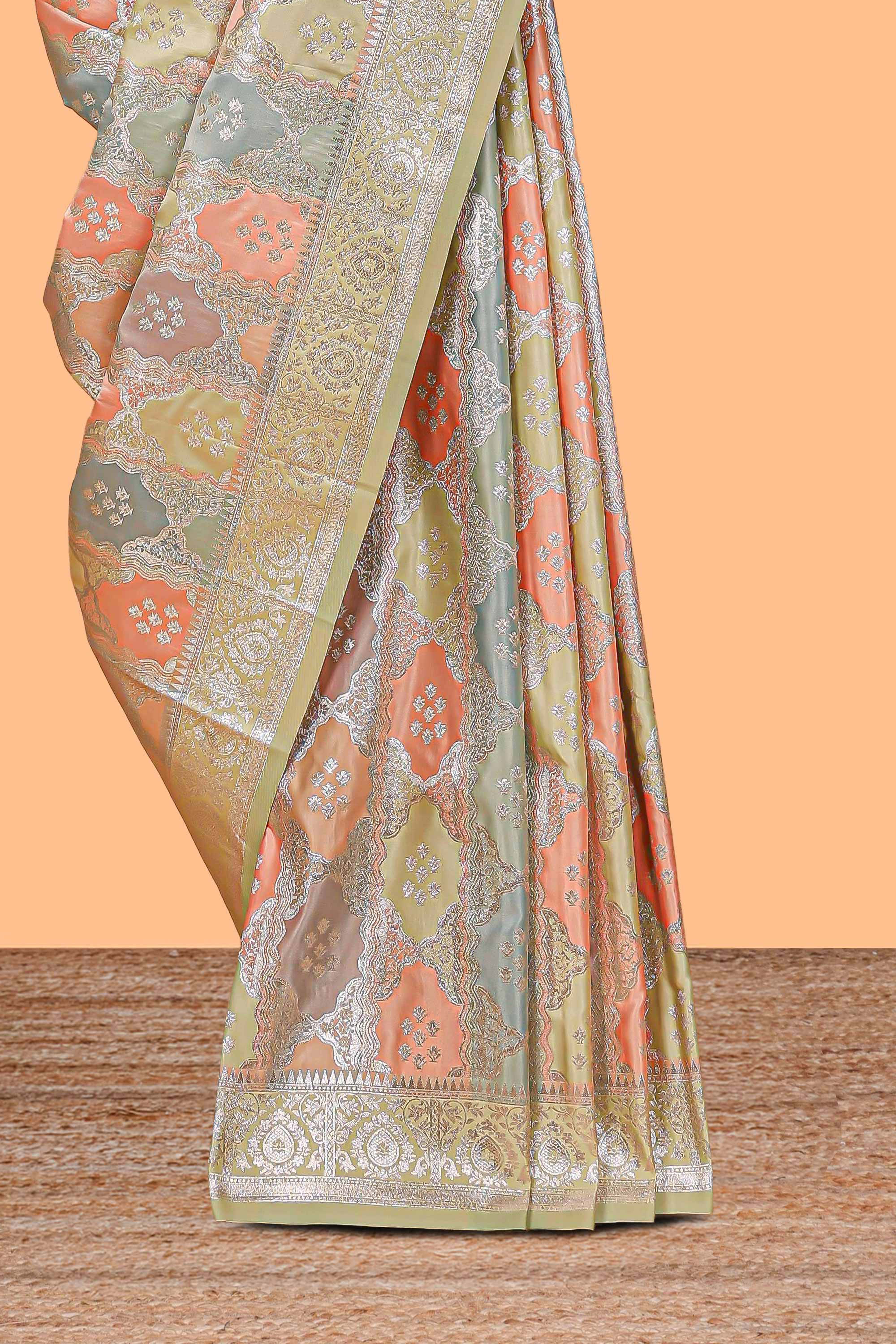 Pastel mint green floral design motifs banarasi silk saree with self border and matching floral printed blouse