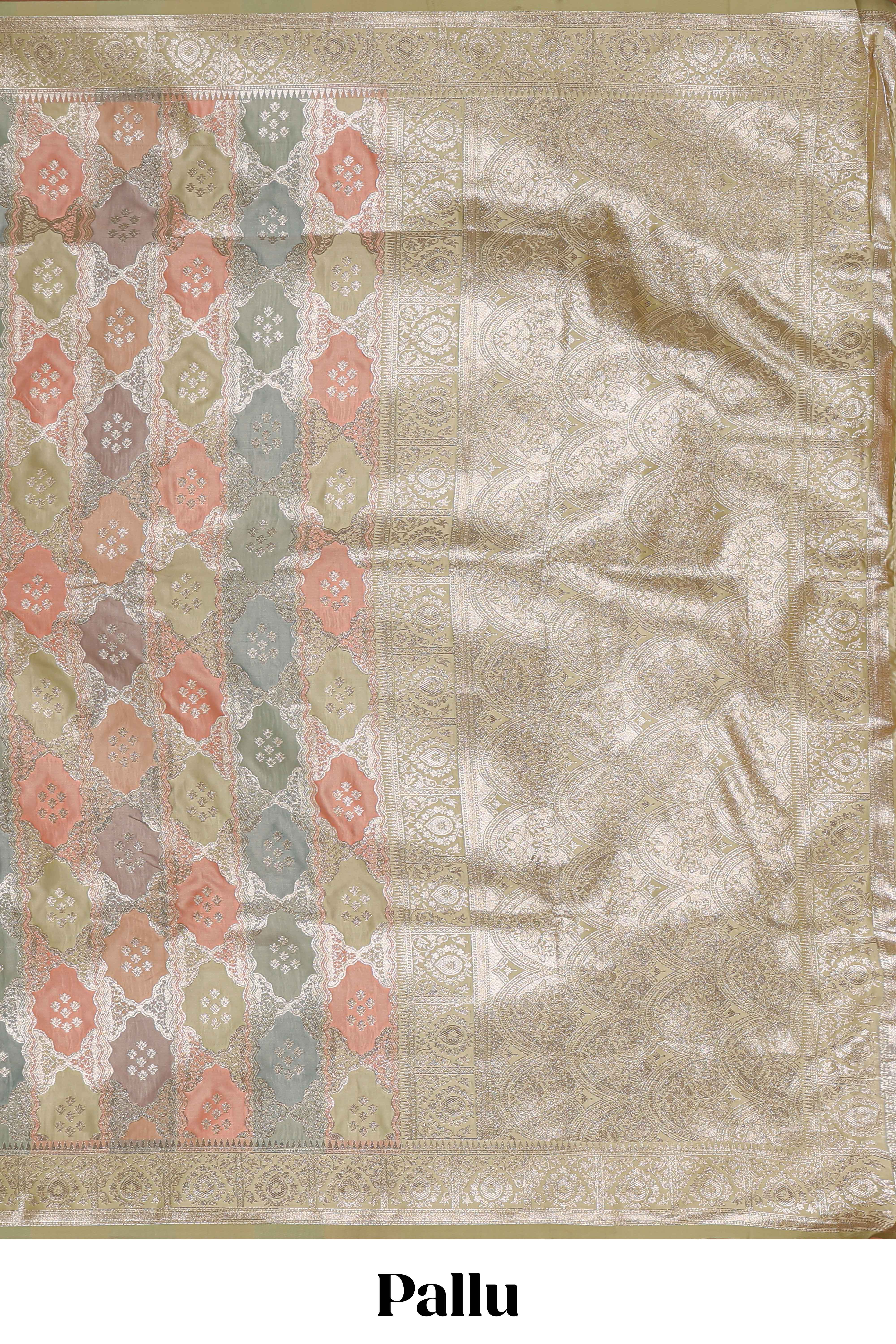 Pastel mint green floral design motifs banarasi silk saree with self border and matching floral printed blouse