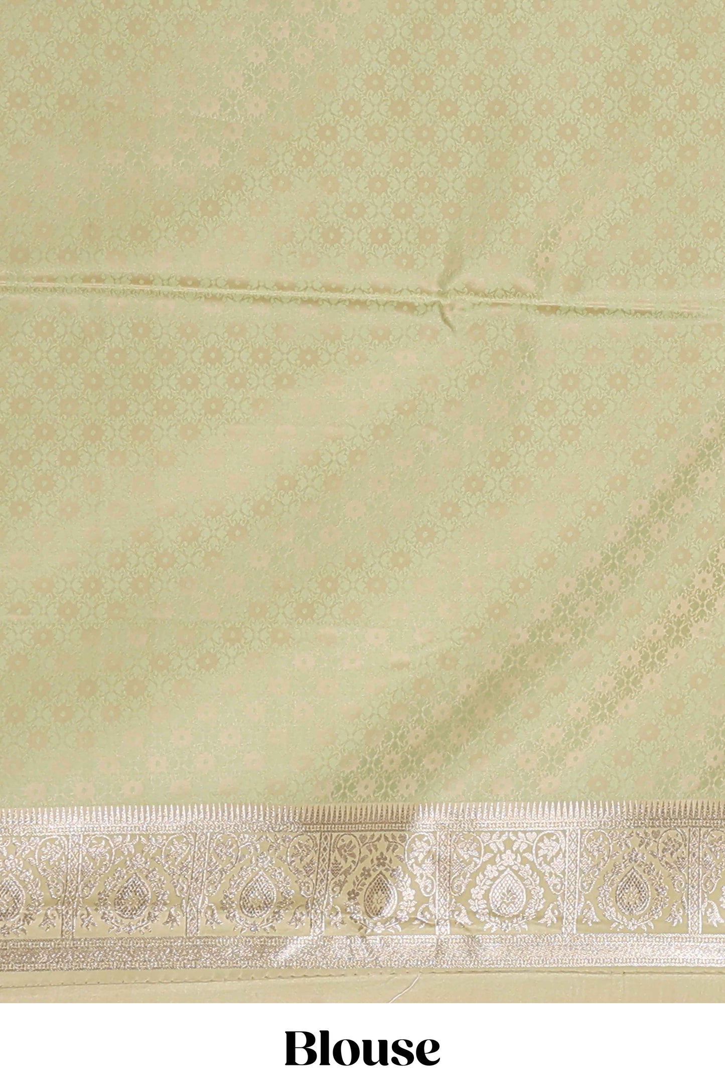Pastel mint green floral design motifs banarasi silk saree with self border and matching floral printed blouse